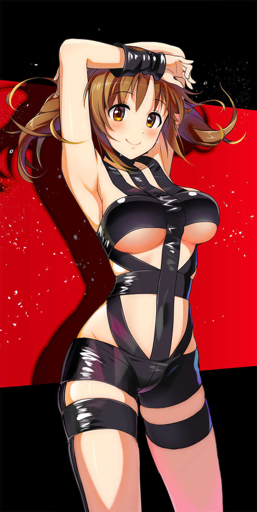 armpits arms_up blush breasts brown_eyes brown_hair collarbone commentary_request covered_navel highres hips hot_limit idolmaster idolmaster_cinderella_girls large_breasts long_hair looking_at_viewer natsuya revealing_clothes shadow smile solo sweat sweatdrop t.m.revolution thighs totoki_airi twintails underboob wrist_cuffs