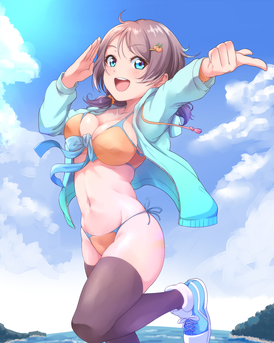 bikini black_legwear blue_eyes blue_footwear blue_jacket blue_sky blush breasts brown_hair cleavage cloud collarbone commentary_request day hair_ornament jacket kanabun large_breasts looking_at_viewer love_live! love_live!_sunshine!! navel open_clothes open_jacket open_mouth orange_bikini outdoors pointing salute shoes short_twintails side-tie_bikini sky smile sneakers solo standing standing_on_one_leg stomach summer swimsuit thighhighs thighs track_jacket twintails watanabe_you