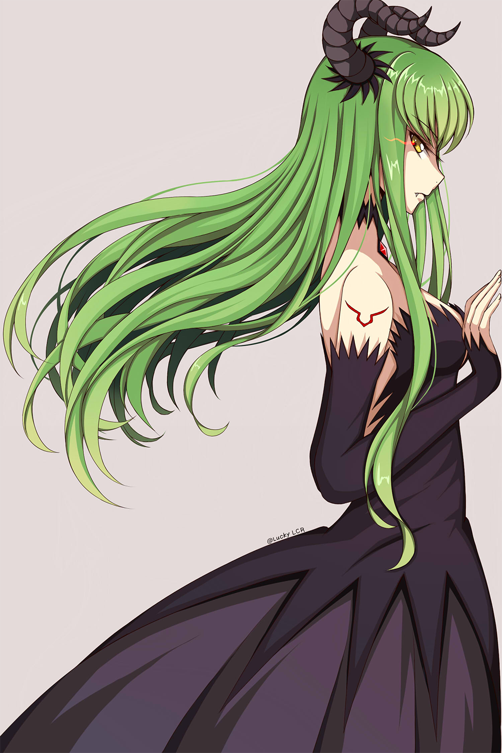 bangs black_dress c.c. code_geass detached_sleeves dress fang floating_hair from_side gem glowing glowing_eyes green_hair grey_background highres horns long_hair looking_at_viewer lucky_keai signature simple_background sleeveless sleeveless_dress solo standing striped striped_dress very_long_hair yellow_eyes
