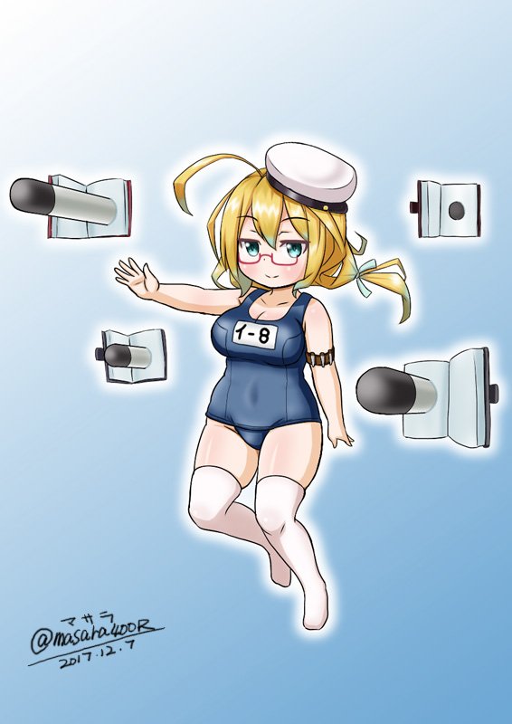 blonde_hair blue_background book commentary_request dated full_body glasses gradient gradient_background green_eyes hat i-8_(kantai_collection) kantai_collection low_twintails masara_(masalucky2010) name_tag peaked_cap red-framed_eyewear school_swimsuit smile solo swimsuit thighhighs torpedo twintails twitter_username white_legwear