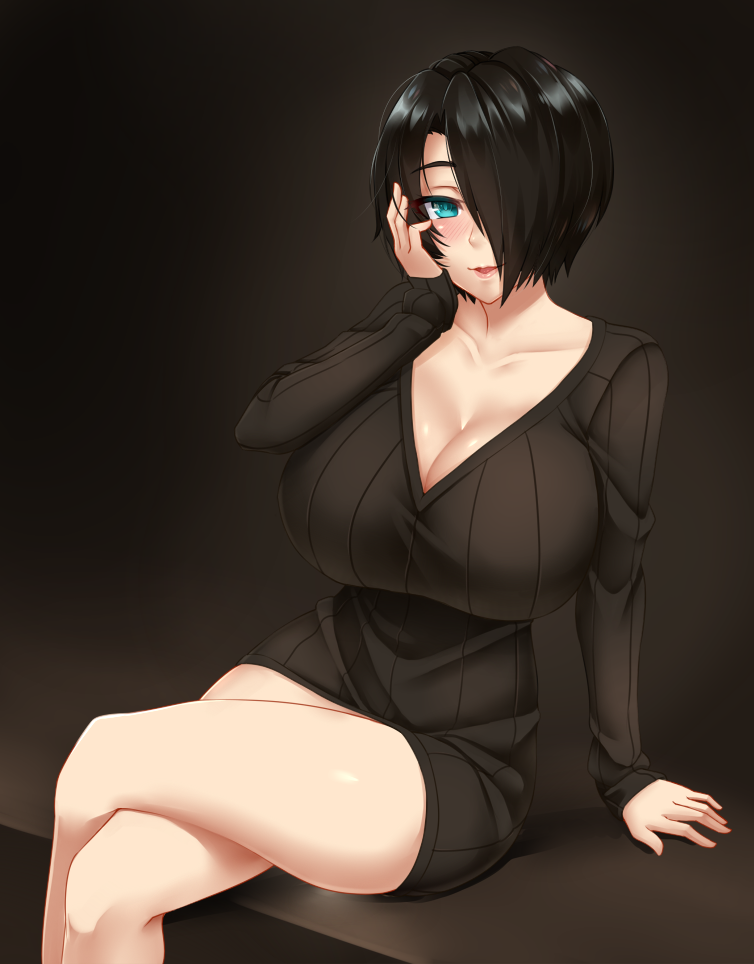 aqua_eyes black_hair black_sweater blush breasts cleavage collarbone commentary crossed_legs eyes_visible_through_hair hair_over_one_eye hand_on_own_cheek hand_on_own_face huge_breasts long_sleeves looking_at_viewer original parted_lips ribbed_sweater saya_(twrlare) short_hair sitting smile solo sweater twrlare