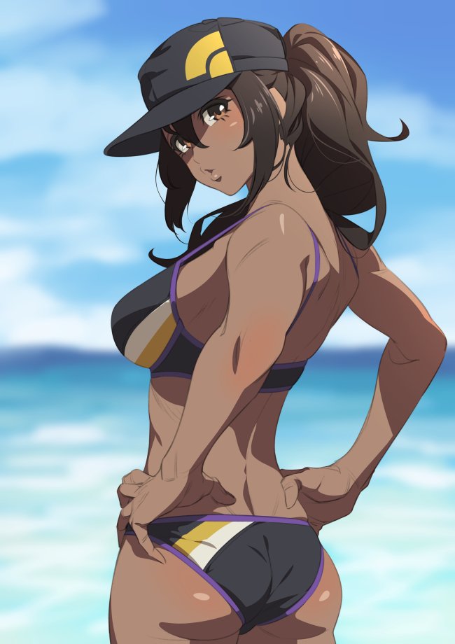 ass bare_shoulders baseball_cap bikini black_bikini blue_sky blush breasts brown_eyes brown_hair commentary_request cowboy_shot dark_skin day female_protagonist_(pokemon_go) from_behind fukushi_ryouhei hair_between_eyes hands_on_hips hat lips long_hair looking_at_viewer looking_back medium_breasts ocean outdoors pokemon pokemon_go ponytail puckered_lips shiny shiny_hair shiny_skin sky solo standing swimsuit toned