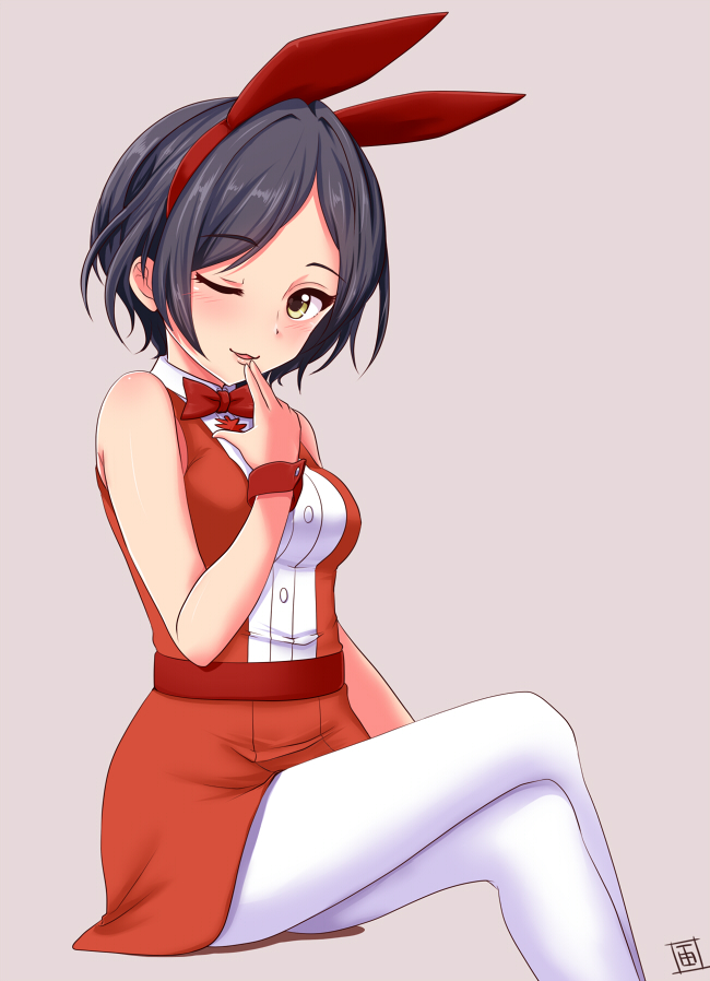 ;) akimeite_ding_dong_dang! animal_ears black_hair bow bowtie bunny_ears crossed_legs dress fake_animal_ears finger_to_mouth grey_background hairband hayami_kanade idolmaster idolmaster_cinderella_girls invisible_chair looking_at_viewer momoda_yasuhito one_eye_closed pantyhose parted_lips red_bow red_dress red_hairband red_neckwear short_dress short_hair simple_background sitting sleeveless sleeveless_dress smile solo white_legwear wrist_cuffs yellow_eyes