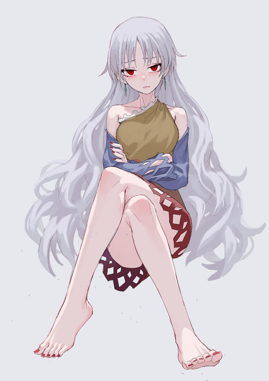 bare_arms bare_legs bare_shoulders barefoot crossed_arms crossed_legs detached_sleeves dress earrings feet fkey full_body grey_background highres jewelry long_hair looking_at_viewer multicolored multicolored_clothes multicolored_dress nail_polish red_eyes red_nails sakata_nemuno silver_hair simple_background single_strap sitting solo toenail_polish touhou very_long_hair wavy_hair