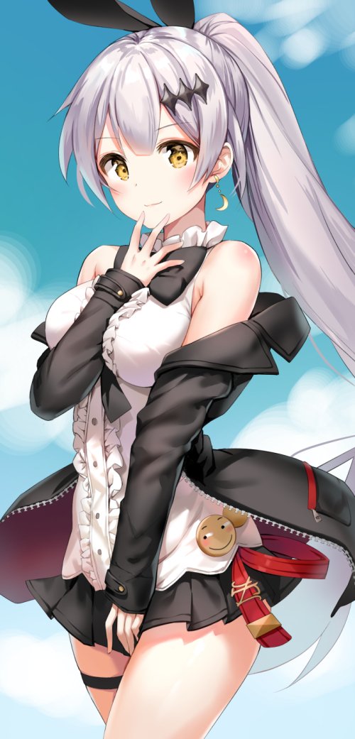 bangs bare_shoulders belt between_breasts between_legs black_bow black_jacket black_ribbon black_skirt blue_sky blush bow breasts closed_mouth cloud commentary_request cowboy_shot crescent crescent_earrings day earrings eyebrows_visible_through_hair five-seven_(girls_frontline) girls_frontline hair_between_eyes hair_ornament hair_ribbon hand_between_legs hand_on_own_chin high_ponytail jacket jewelry large_breasts long_hair long_sleeves looking_at_viewer marmoset_(marmoset0) off_shoulder open_clothes open_jacket pleated_skirt ponytail ribbon shirt skirt sky sleeveless sleeveless_shirt smile solo thigh_strap very_long_hair white_shirt wind yellow_eyes