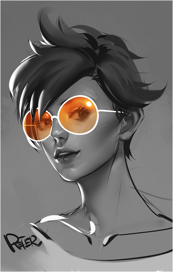 artist_name limited_palette lips overwatch parted_lips peter_xiao solo spot_color sunglasses tracer_(overwatch) upper_body