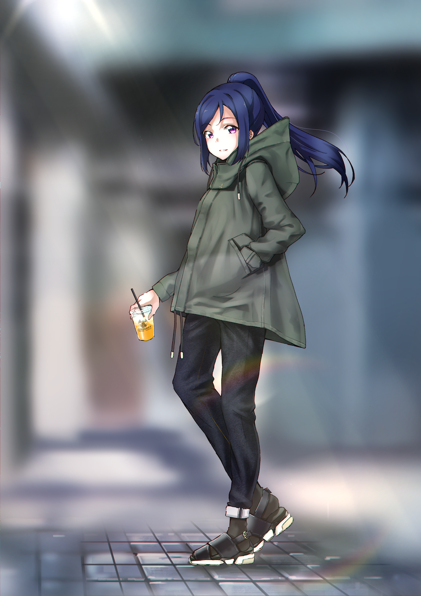 bangs black_footwear blue_hair blurry blush casual cup denim depth_of_field disposable_cup drink drinking_straw from_side green_jacket hand_in_pocket high_ponytail highres holding hood hooded_jacket jacket jeans long_hair long_sleeves love_live! love_live!_sunshine!! matsuura_kanan meda pants parted_lips pink_eyes ponytail smile solo standing swept_bangs wide_shot