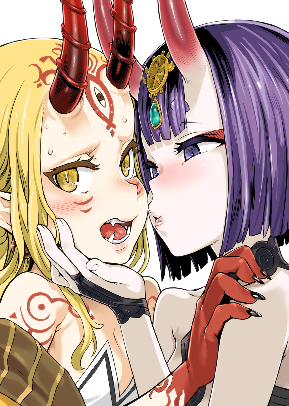 asanagi bangs bare_shoulders black_nails blonde_hair blush breasts claws close-up eyebrows_visible_through_hair face-to-face facial_mark fangs fate/grand_order fate_(series) fingernails hand_on_another's_chin hand_on_another's_face hand_on_another's_shoulder headpiece highres horns ibaraki_douji_(fate/grand_order) imminent_kiss japanese_clothes jewelry kimono kiss long_hair looking_at_another looking_at_viewer medium_hair multiple_girls nail_polish oni oni_horns open_mouth pointy_ears purple_eyes purple_hair short_eyebrows short_hair shuten_douji_(fate/grand_order) simple_background small_breasts smile tattoo thick_eyebrows white_background yellow_eyes yuri