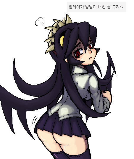 bottomless butt clothed clothing female filia formicid humanoid korean_text looking_back not_furry rear_view red_eyes samson sharp_teeth simple_background skirt skullgirls slit_pupils solo teeth text white_background yellow_eyes