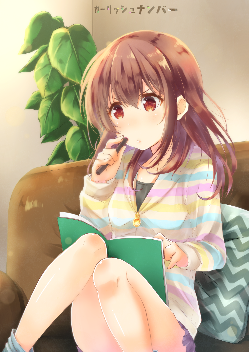 bangs blue_legwear blush brown_eyes brown_hair closed_mouth commentary_request couch eyebrows_visible_through_hair girlish_number hair_between_eyes highres holding holding_pen indoors karasuma_chitose_(girlish_number) long_hair long_sleeves looking_away nachiku on_couch pen plant potted_plant purple_skirt shirt sitting skirt socks solo striped striped_shirt translation_request v-shaped_eyebrows