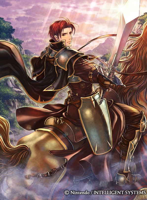 armor back boots cape company_name fire_emblem fire_emblem:_seima_no_kouseki fire_emblem_cipher gloves horse male_focus official_art red_eyes red_hair seth_(fire_emblem) sky solo sparkle sword tree weapon