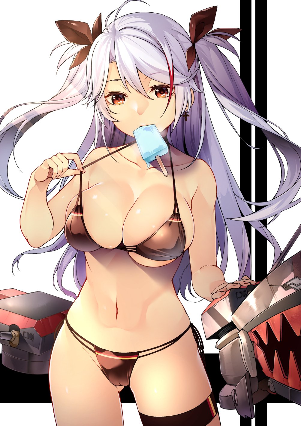 ass_visible_through_thighs azur_lane bangs bare_arms bare_shoulders bikini bikini_lift breasts brown_bikini brown_eyes byte_(allbyte) cameltoe cowboy_shot eyebrows_visible_through_hair fingernails food food_in_mouth hair_between_eyes highres large_breasts legband lifted_by_self long_hair machinery mouth_hold navel popsicle prinz_eugen_(azur_lane) purple_hair side-tie_bikini skindentation solo standing swimsuit two_side_up