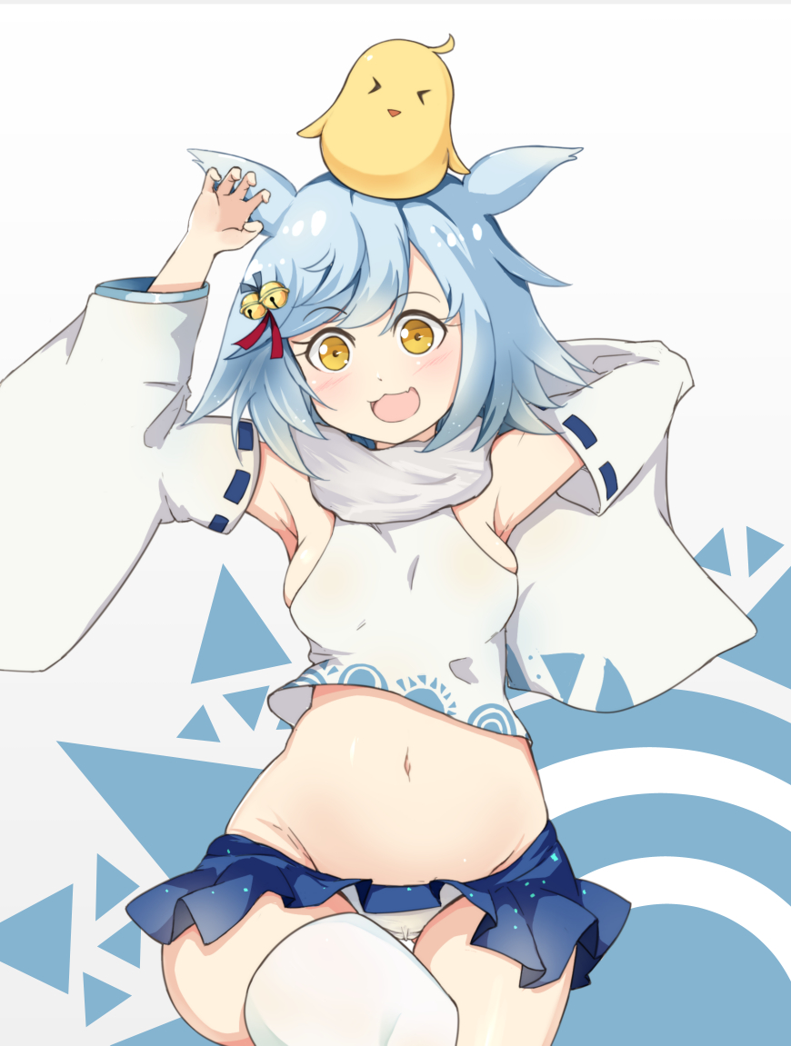 animal animal_ears animal_on_head azur_lane beathell bird blue_hair blue_skirt chick chick_on_head closed_eyes cowboy_shot detached_sleeves fang fox_ears fox_tail fubuki_(azur_lane) midriff navel on_head open_mouth panties pleated_skirt scarf short_hair simple_background single_thighhigh skirt smile solo tail thighhighs underwear white_legwear white_panties white_scarf yellow_eyes