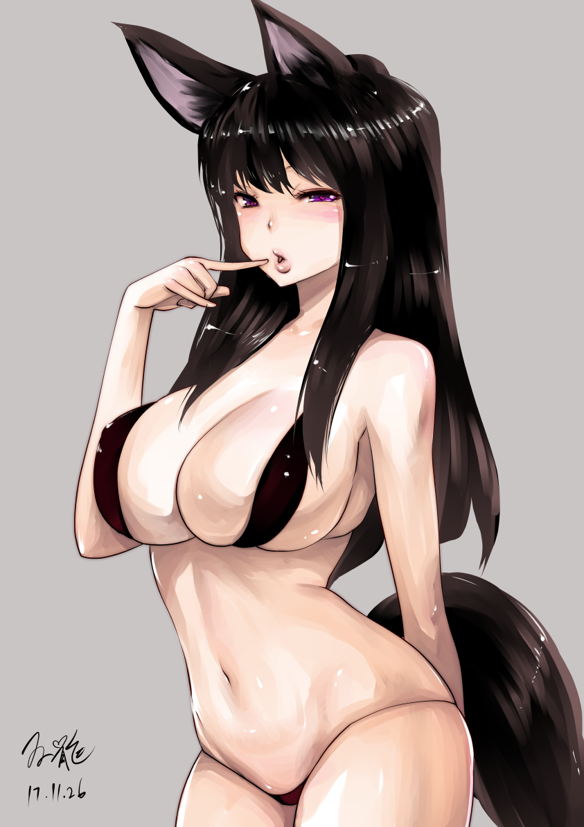 animal_ears artist_name bangs bikini black_bikini black_hair blush breasts commentary_request cowboy_shot dated finger_to_mouth fox_ears fox_girl fox_tail grey_background half-closed_eyes hand_up heart heart-shaped_pupils large_breasts lips long_hair looking_at_viewer micro_bikini navel original parted_lips purple_eyes sidelocks signature simple_background skindentation solo souryu stomach swept_bangs swimsuit symbol-shaped_pupils tail