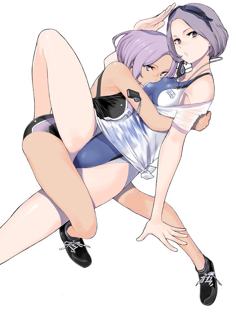 competition_swimsuit hug multiple_girls one-piece_swimsuit pale_skin purple_eyes purple_hair salute short_hair simple_background swimsuit whistle yasuda_suzuhito yozakura_quartet