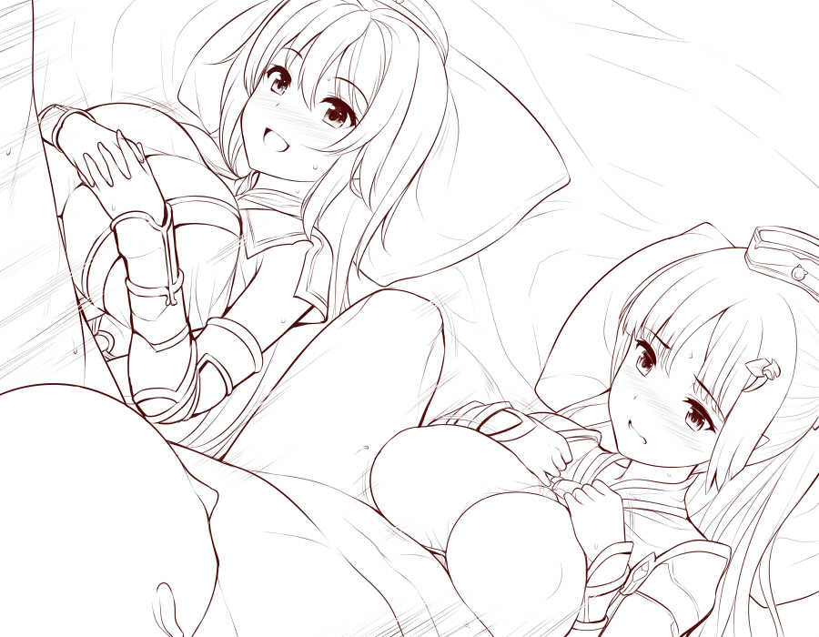 :d blush breasts commentary_request full-face_blush granblue_fantasy greyscale hat large_breasts lineart long_hair looking_at_another looking_down lying maimu_(shingeki_no_bahamut) miimu monochrome multiple_girls on_back on_bed open_mouth paizuri paizuri_under_clothes parted_lips pillow smile straddling sweat underboob_cutout uni8 wavy_mouth