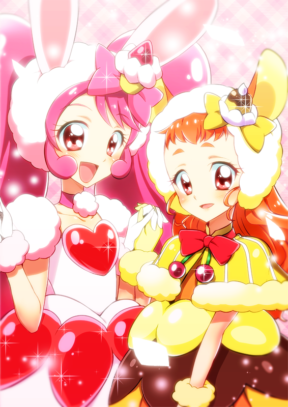 :d a_la_mode_style_(precure) animal_ears arisugawa_himari bangs bow bowtie bunny_ears cake_hair_ornament capelet choker collarbone commentary_request cure_custard cure_whip dress eyebrows_visible_through_hair fake_animal_ears food food_themed_hair_ornament fruit fur-trimmed_capelet fur-trimmed_gloves fur_trim gloves hair_bow hair_ornament hand_up hat heart holding_hands interlocked_fingers kirakira_precure_a_la_mode light_particles long_hair looking_at_viewer magical_girl multiple_girls open_mouth orange_hair pink_background pink_bow pink_choker pink_dress pink_hair plaid plaid_background pom_pom_(clothes) precure pudding red_bow red_eyes red_neckwear revision shiny shiny_hair short_eyebrows short_sleeves smile sparkle squirrel_ears strawberry strawberry_shortcake twintails upper_body usami_ichika white_gloves white_hat yellow_bow yellow_capelet yellow_dress yellow_gloves yellow_hat yuto_(dialique)