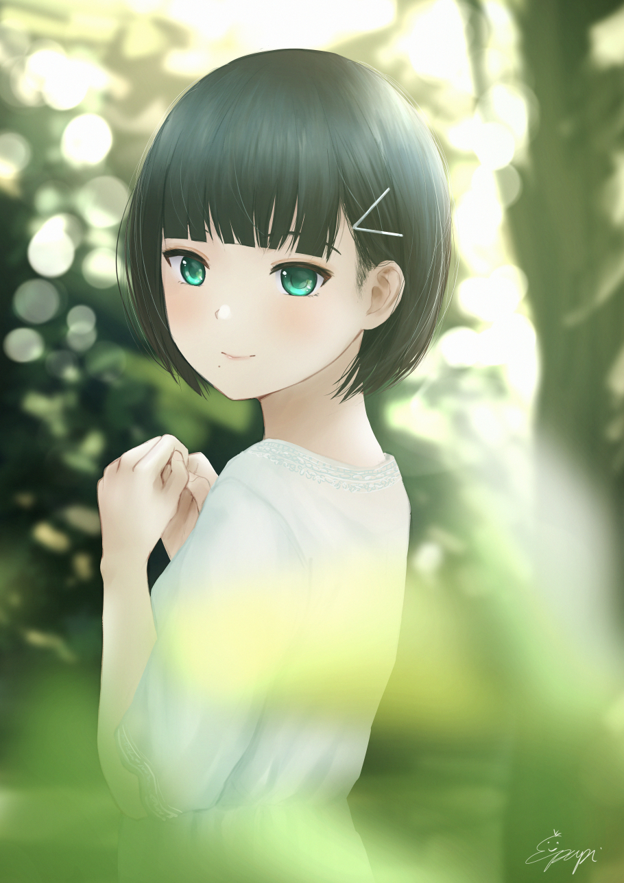 alternate_hair_color alternate_hair_length alternate_hairstyle aqua_eyes artist_name backlighting bangs black_hair blunt_bangs blurry blurry_background blurry_foreground blush bokeh closed_mouth day depth_of_field hair_ornament hairclip highres kurosawa_dia lips looking_at_viewer looking_to_the_side love_live! love_live!_sunshine!! mole mole_under_mouth outdoors own_hands_together papi_(papiron100) short_hair short_sleeves smile solo tan upper_body