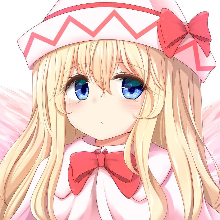 blonde_hair blue_eyes blush bow bowtie capelet closed_mouth dress eyebrows_visible_through_hair hair_between_eyes hat lily_white long_hair looking_at_viewer pink_dress red_neckwear shiro_oolong-cha solo touhou upper_body