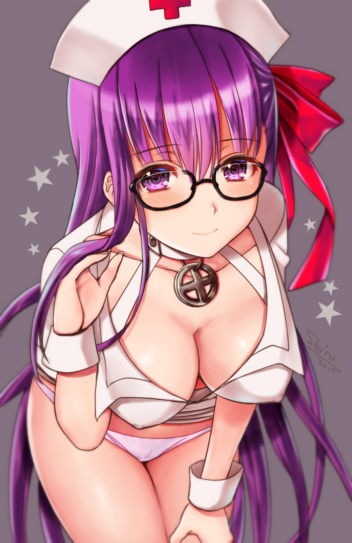 adjusting_hair artist_name bangs bb_(fate)_(all) bb_(fate/extra_ccc) bb_shot! bespectacled black-framed_eyewear blush breasts cleavage closed_mouth collarbone commentary_request covered_nipples cowboy_shot eyebrows_visible_through_hair fate/extra fate/extra_ccc fate/grand_order fate_(series) glasses hair_between_eyes hair_ribbon hand_on_own_thigh hand_up hanging_breasts hat hijiri_ruka jewelry leaning_forward long_hair looking_at_viewer medium_breasts nurse nurse_cap panties pendant pink_panties red_ribbon ribbon semi-rimless_eyewear shiny shiny_hair shirt short_sleeves simple_background smile solo standing star tareme thighs under-rim_eyewear underwear very_long_hair white_shirt wrist_cuffs