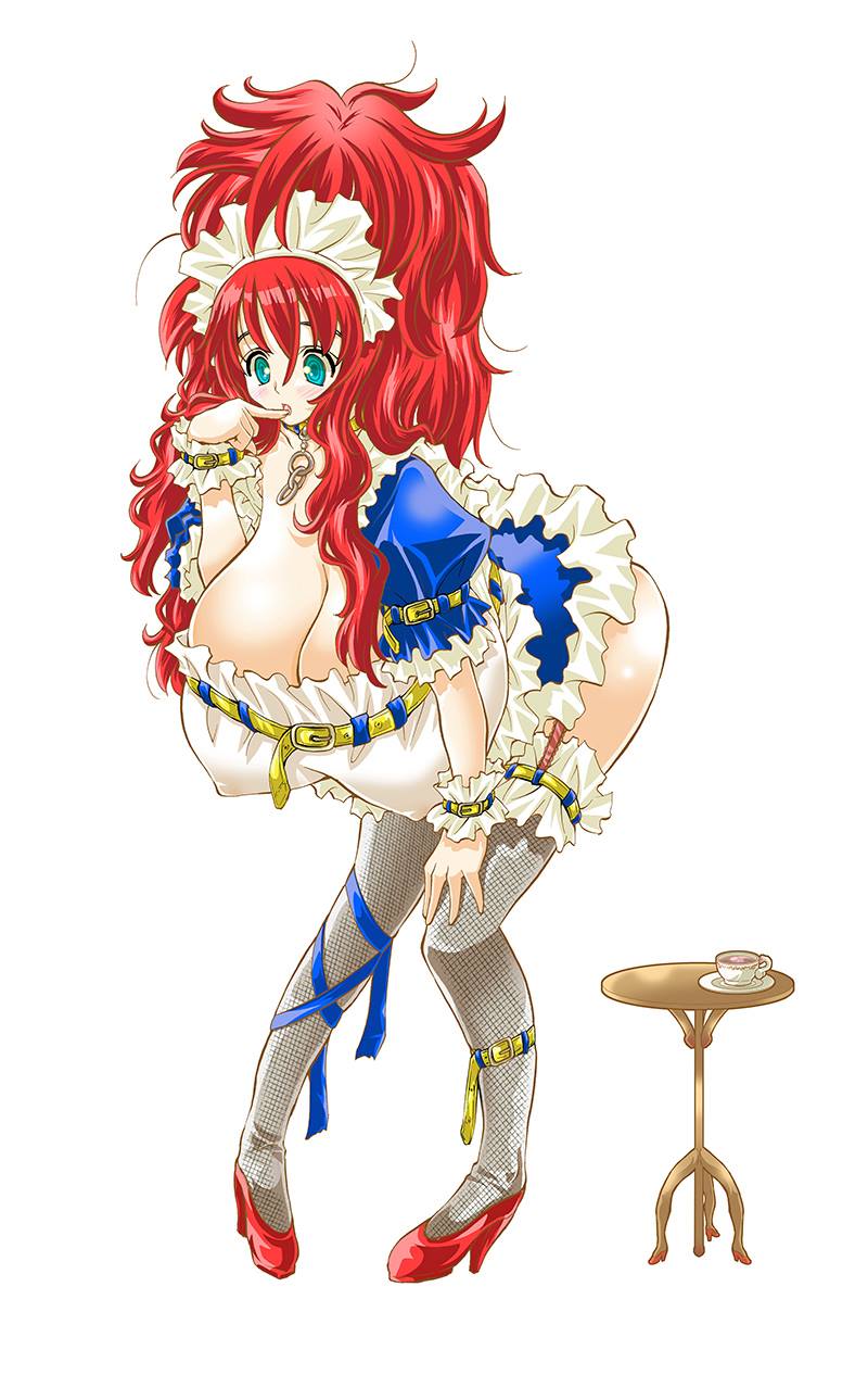 1girl 3-meter_girl aqua_eyes blue_eyes breasts character_request cleavage finger_to_mouth fishnet_thighhighs fishnets garter_straps high_heels high_ponytail huge_breasts knees_together_feet_apart leaning_forward long_hair maid maid_headdress matsuyama_seiji puffy_short_sleeves red_footwear red_hair saucer shoes simple_background solo table teacup white_background wristcuffs