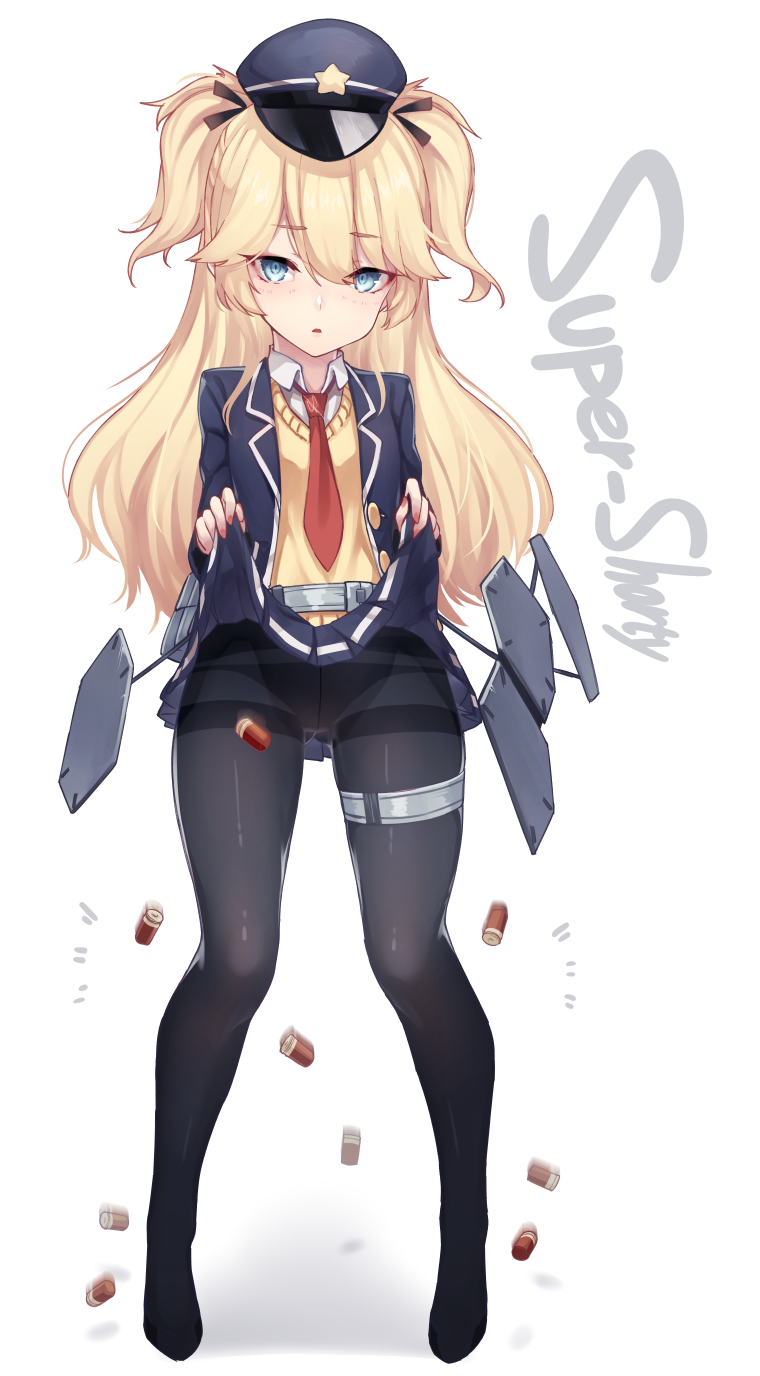 ass_visible_through_thighs bangs belt black_legwear black_panties black_ribbon blazer blonde_hair blue_eyes blue_hat blue_jacket blue_skirt character_name collared_shirt commentary dev eyebrows_visible_through_hair full_body girls_frontline hair_between_eyes hair_ribbon hands_up hat hexagon highres jacket legs_apart long_hair looking_at_viewer lowleg lowleg_panties making_of motion_blur necktie no_shoes open_blazer open_clothes open_jacket panties panties_under_pantyhose pantyhose parted_lips pleated_skirt police_hat red_neckwear ribbon shell_casing shield shirt shotgun_shells signature skirt skirt_lift solo standing super_shorty_(girls_frontline) sweater thigh_strap thighband_pantyhose tsurime two_side_up underwear white_shirt yellow_sweater