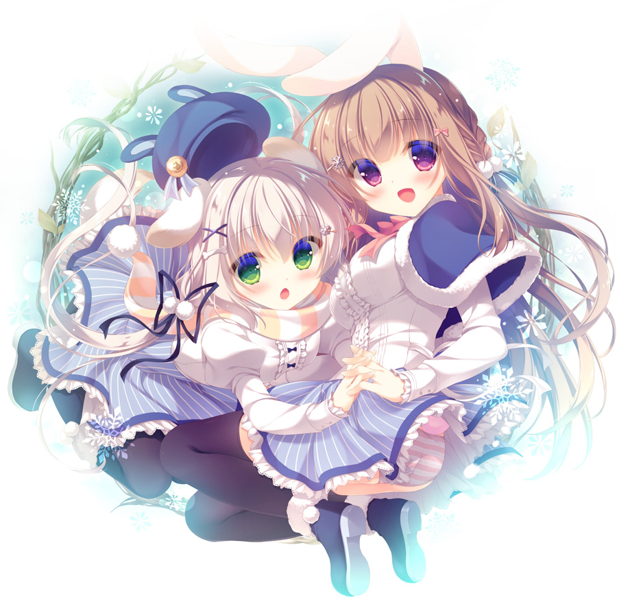 :d animal_ears animal_hat bangs beret black_legwear blue_footwear blue_hat blue_ribbon blue_skirt blush bone_hair_ornament bow bowtie braid breasts brown_hair bunny_ears bunny_girl bunny_hat bunny_tail center_frills chestnut_mouth commentary_request dog_ears dog_girl dog_tail eyebrows_visible_through_hair flower frills fur_trim green_eyes hair_between_eyes hair_ornament hair_ribbon hairclip hat head_tilt interlocked_fingers looking_at_viewer looking_to_the_side medium_breasts multiple_girls open_mouth original panties pantyhose parted_lips pinstripe_pattern pom_pom_(clothes) purple_eyes red_neckwear ribbon scarf shirt shoes silver_hair skirt small_breasts smile snowflakes striped striped_panties striped_scarf tail thighhighs twintails underwear vertical-striped_skirt vertical_stripes white_flower white_shirt x_hair_ornament yukie_(peach_candy)