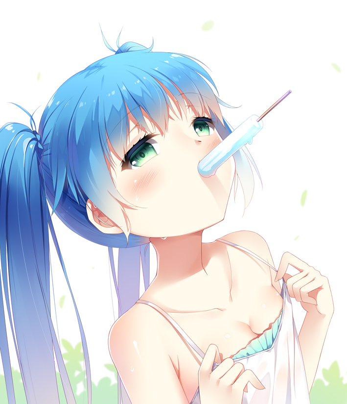 bangs bare_arms bare_shoulders blue_hair blush breasts camisole cleavage collarbone commentary_request eyebrows_visible_through_hair fingernails food food_in_mouth green_eyes hair_between_eyes hands_up hatsune_miku head_tilt long_hair looking_up mouth_hold popsicle sleeveless small_breasts solo sweat twintails very_long_hair vocaloid wet wet_clothes white_background white_camisole xia_xiang_(ozicha)
