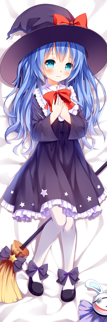 bangs bed_sheet black_dress black_footwear black_hat blue_eyes blue_hair blush bow bowtie broom closed_mouth collar commentary_request dakimakura date_a_live dress eyebrows_visible_through_hair frilled_collar frilled_dress frills full_body hair_between_eyes hand_puppet hands_on_own_chest hat hat_bow long_hair looking_at_viewer lying on_back pantyhose print_dress puppet purple_bow red_bow red_neckwear shoes solo star star_print very_long_hair white_legwear witch witch_hat xia_xiang_(ozicha) yoshino_(date_a_live) yoshinon