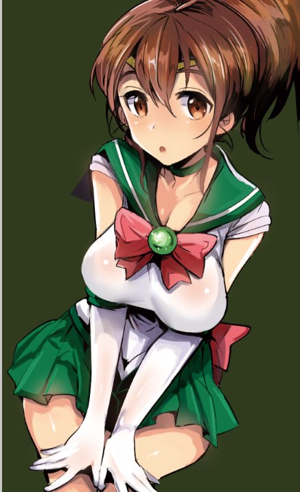 bangs bishoujo_senshi_sailor_moon bow bowtie breasts brooch brown_background brown_eyes brown_hair choker cleavage commentary cosplay elbow_gloves girls_und_panzer gloves green_choker green_sailor_collar green_skirt invisible_chair jewelry koyama_yuzu looking_at_viewer medium_breasts miniskirt nakasone_haiji parted_lips pink_neckwear pleated_skirt ponytail sailor_collar sailor_jupiter sailor_jupiter_(cosplay) sailor_senshi_uniform short_hair short_ponytail short_sleeves simple_background sitting skirt solo tiara v_arms white_gloves
