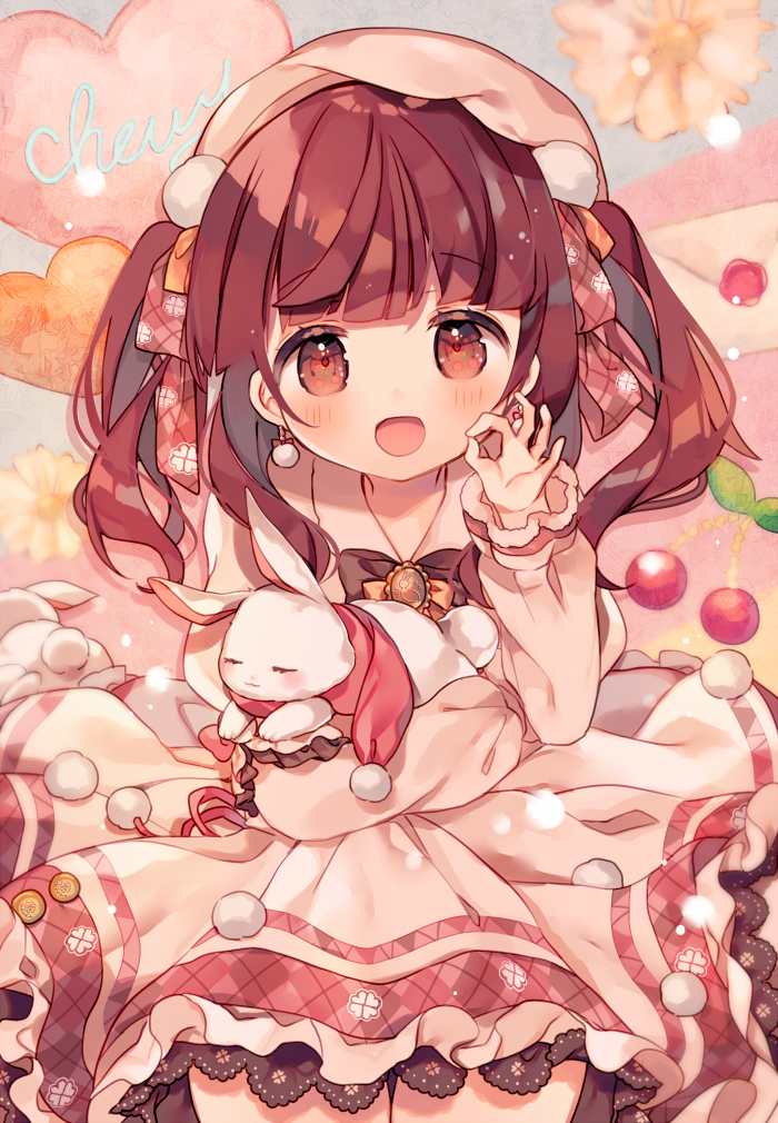 :d ana_(rznuscrf) animal animal_hug bangs beret blush bow bowtie brown_bow brown_eyes brown_hair brown_neckwear bunny cherry clothed_animal commentary_request dress eyebrows_visible_through_hair food fruit hair_bow hair_ornament hand_up hat heart idolmaster idolmaster_cinderella_girls lace lace-trimmed_dress long_hair long_sleeves looking_at_viewer ogata_chieri ok_sign open_mouth pink_dress pink_hat plaid plaid_bow pom_pom_(clothes) red_scarf scarf smile solo twintails