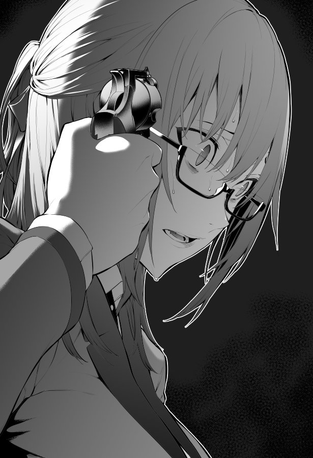 breasts collared_shirt commentary_request glasses greyscale gun gun_to_head hair_between_eyes handgun hiiragi_yuuichi large_breasts long_hair long_sleeves monochrome open_mouth original parted_lips ponytail revolver semi-rimless_eyewear shirt solo sweat sweating_profusely under-rim_eyewear upper_body weapon wide-eyed wing_collar