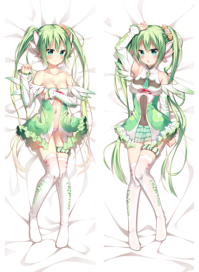 arm_at_side arm_up bangs bare_shoulders bed_sheet blush breasts cleavage closed_mouth collarbone commentary dakimakura dress eyebrows_visible_through_hair flower green_dress green_eyes green_hair green_skirt hair_between_eyes hair_flower hair_ornament hatsune_miku layered_skirt long_hair long_sleeves looking_at_viewer lying medium_breasts multiple_views navel no_shoes on_back panties parted_lips purple_panties skirt thigh_strap thighhighs twintails underwear very_long_hair vocaloid white_legwear xia_xiang_(ozicha)