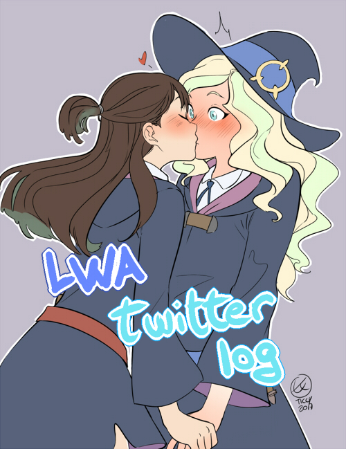 artist_name blonde_hair blue_eyes blush brown_hair dated diana_cavendish grey_background hat heart holding_hands kagari_atsuko kiss little_witch_academia long_hair multiple_girls short_ponytail surprise_kiss surprised ticcy witch_hat yuri