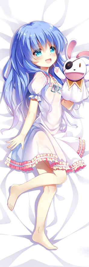 :d arm_at_side bangs barefoot blue_eyes blue_hair blue_ribbon blush commentary_request dakimakura date_a_live dress eyebrows_visible_through_hair eyepatch frilled_dress frills full_body hair_between_eyes hand_puppet head_tilt long_hair looking_at_viewer lying nightgown on_side open_mouth puffy_short_sleeves puffy_sleeves puppet ribbon short_sleeves smile solo very_long_hair white_dress xia_xiang_(ozicha) yoshino_(date_a_live) yoshinon