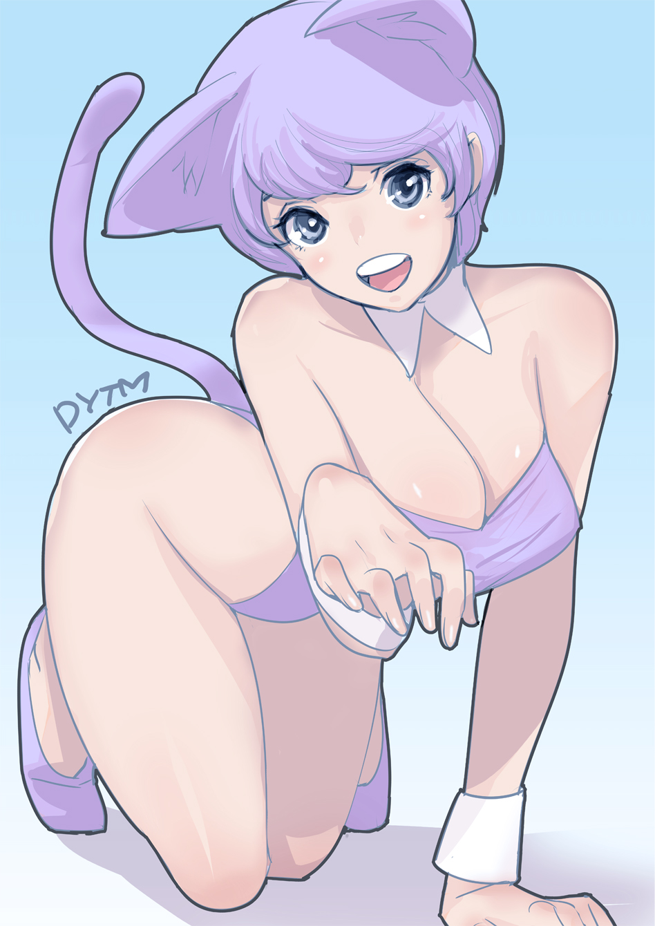 :d animal_ears ass bare_shoulders blue_eyes breasts cat_ears cat_tail cleavage dytm highres kneehighs large_breasts leotard looking_at_viewer open_mouth original purple_hair short_hair smile solo tail teeth wrist_cuffs