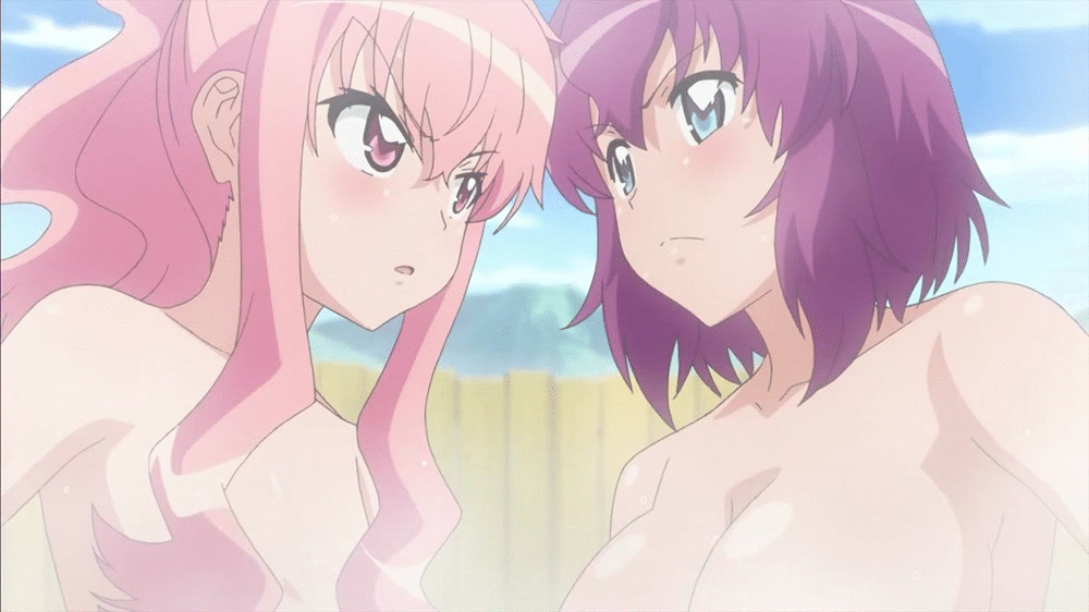 2girls animated animated_gif bath blue_eyes blush bouncing_breasts breasts flat_chest hair_censor hair_over_breasts henrietta_de_tristain long_hair louise_francoise_le_blanc_de_la_valliere medium_breasts multiple_girls nude open_mouth pink_hair purple_eyes purple_hair short_hair zero_no_tsukaima