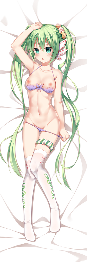 arm_at_side arm_up bangs bare_arms bare_shoulders bed_sheet bra breasts bug butterfly chestnut_mouth collarbone dakimakura eyebrows_visible_through_hair flower green_eyes green_hair groin hair_between_eyes hair_flower hair_ornament hatsune_miku insect long_hair lying medium_breasts navel nipples no_shoes on_back panties panty_pull parted_lips pulled_by_self purple_bra purple_panties solo thigh_strap thighhighs twintails underwear underwear_only very_long_hair vocaloid white_legwear xia_xiang_(ozicha)