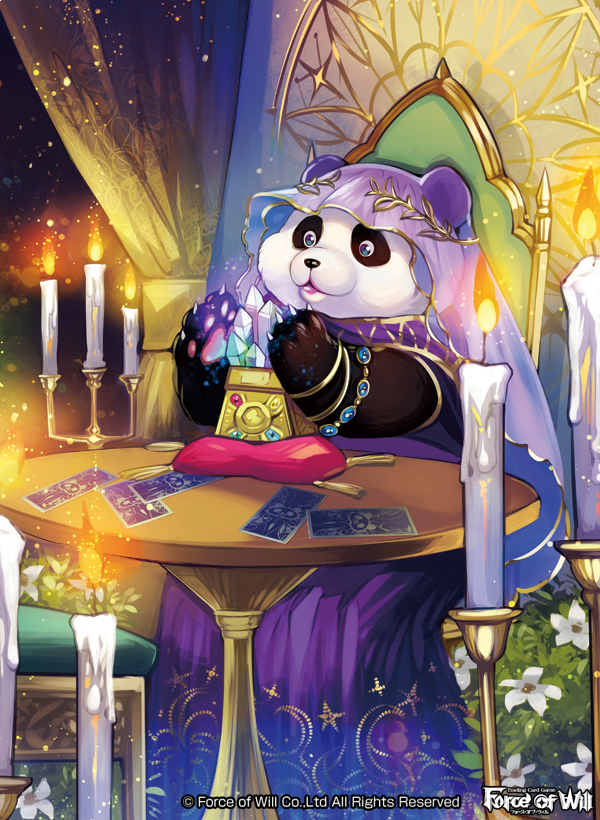 blue_eyes candle card copyright_name crystal curtains fire flower force_of_will furry gem jewelry leaf lipstick makeup matsurika_youko necklace official_art panda sitting tarot veil