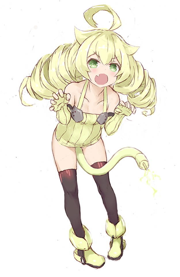 :o ahoge animal_ears azur_lane bangs bare_shoulders between_legs black_legwear blonde_hair blush boots cat_ears cat_girl cat_tail claw_pose collarbone drill_hair elbow_gloves electricity eyebrows_visible_through_hair fang fingerless_gloves full_body gloves goekawa green_eyes hair_between_eyes halter_top halterneck leaning_forward long_hair looking_at_viewer no_pants open_mouth simple_background solo standing sweater tail tail_between_legs thighhighs trial_bullin_mkii_(azur_lane) twin_drills white_background yellow_footwear yellow_gloves yellow_sweater