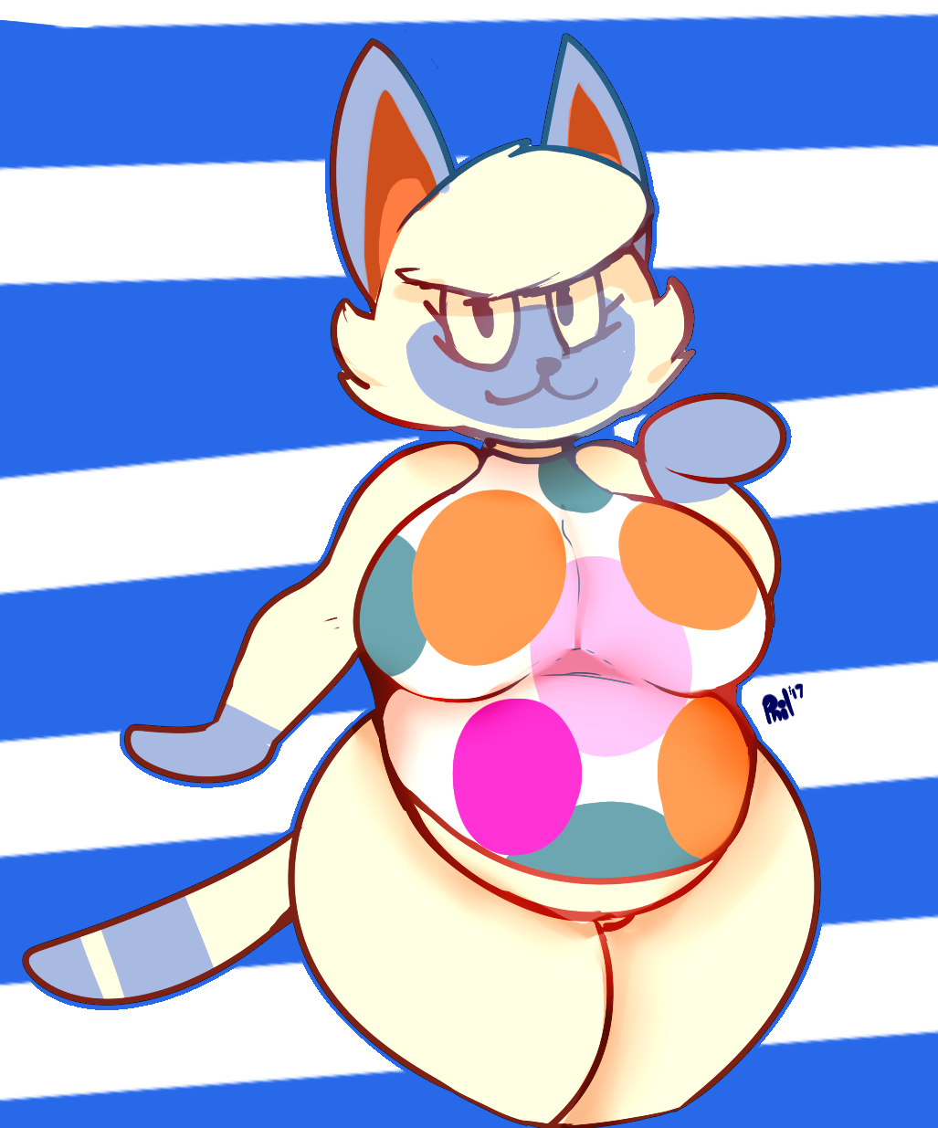 2017 :3 animal_crossing anthro belly big_belly big_breasts biped bottomless breasts cat clothed clothing digital_media_(artwork) eyelashes featureless_crotch feline female hair looking_at_viewer mammal mitzi_(animal_crossing) nintendo overweight overweight_female partially_clothed pattern_background polka_dots shirt short_stack simple_background sirphilliam smile striped_background thick_thighs video_games voluptuous white_hair wide_hips