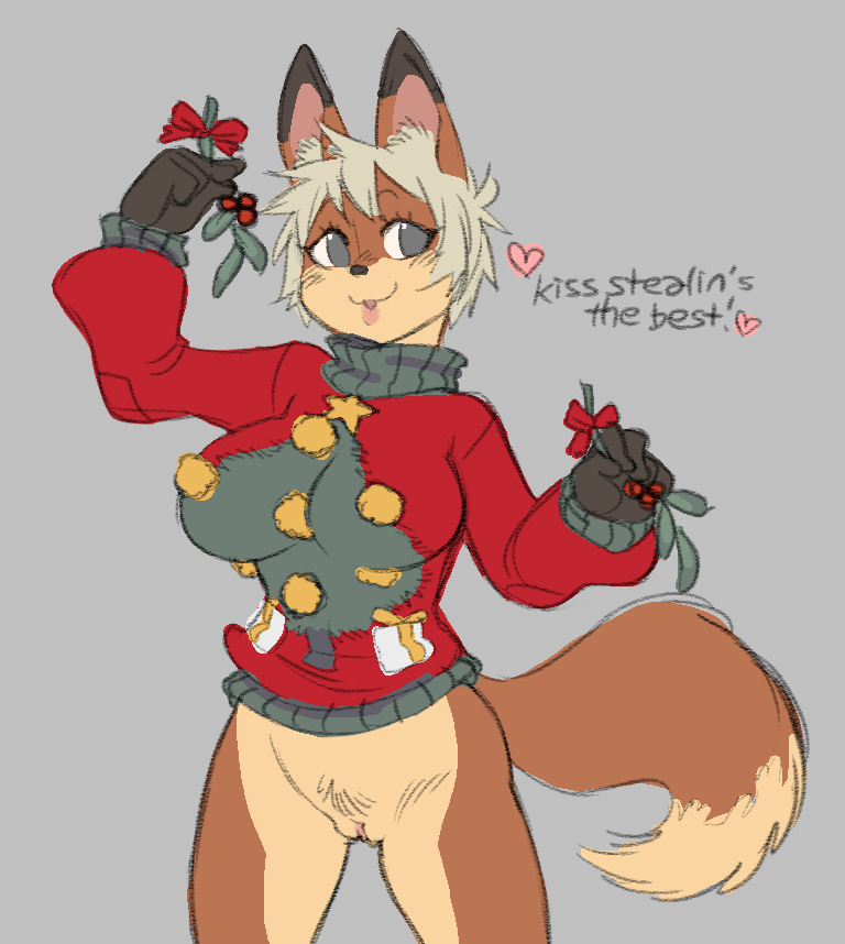 anthro big_breasts bottomless breasts brown_fur christmas christmas_sweater clitoris clothed clothing commentary crybringer female friday_(crybringer) fur grey_eyes hair holidays long_tail pussy short_hair silver_hair snout solo sweater turtleneck