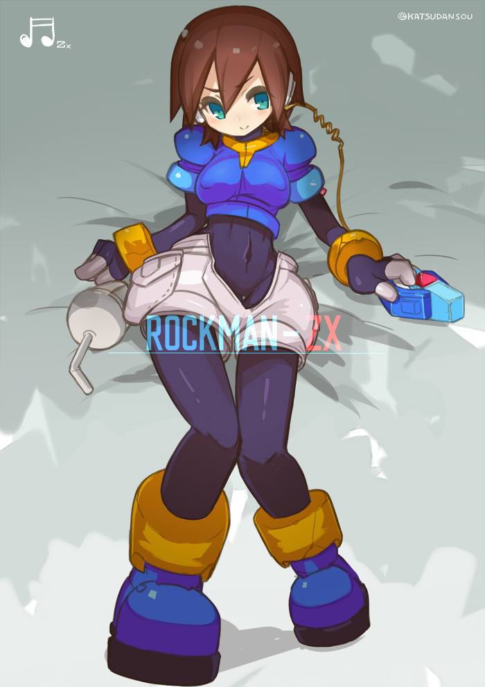 1girl aile aqua_eyes bodysuit boots breasts brown_hair cyborg green_eyes headphone jacket medium_breasts model_x rockman rockman_zx short_hair shorts tagme