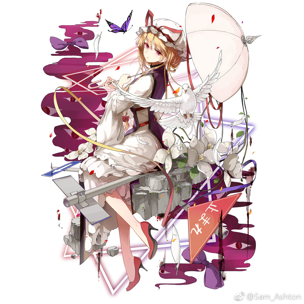 artist_name bird blonde_hair bug butterfly dress eyes flower from_side full_body hands_up hat hat_ribbon high_heels holding holding_umbrella insect long_sleeves looking_at_viewer mob_cap pink_hair red_footwear red_ribbon ribbon road_sign rock sam_ashton shoes sign simple_background sitting solo stop_sign tabard touhou umbrella watermark weibo_logo weibo_username white_background white_dress white_flower white_hat wide_sleeves yakumo_yukari