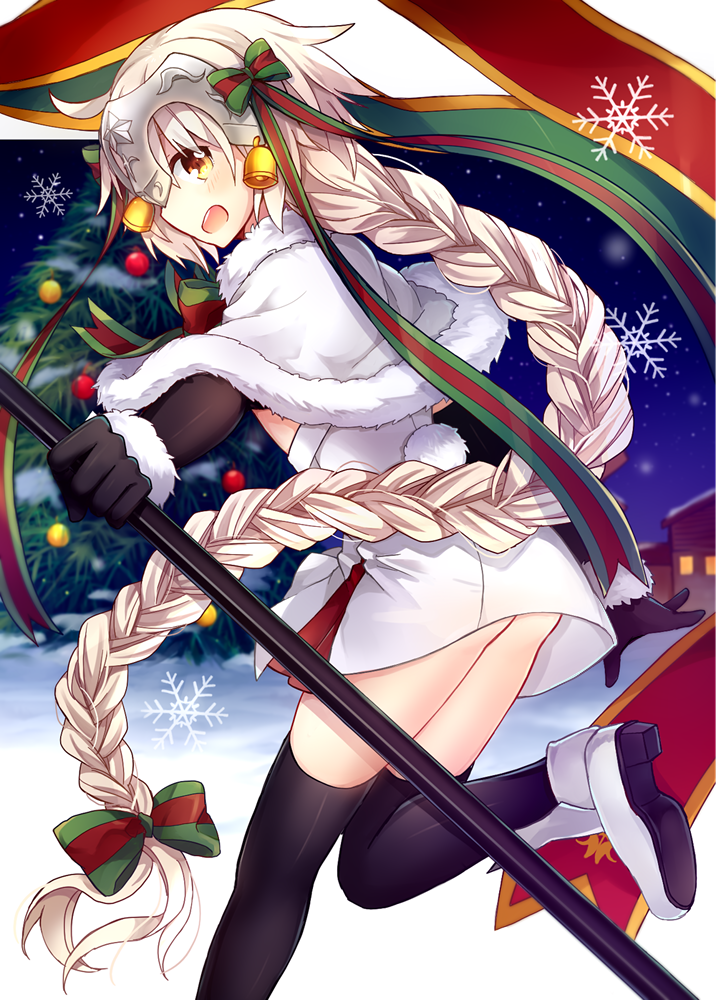 absurdly_long_hair ass bad_id bad_pixiv_id bell black_gloves black_legwear blush bow braid brown_eyes capelet christmas christmas_ornaments christmas_tree commentary_request dress elbow_gloves fate/grand_order fate_(series) fur-trimmed_capelet fur_trim gloves green_bow green_ribbon hair_bow headpiece jeanne_d'arc_(fate)_(all) jeanne_d'arc_alter_santa_lily light_brown_hair long_hair looking_at_viewer looking_back open_mouth ponytail profile ribbon shoes single_braid snow snowflakes solo standing standing_on_one_leg striped striped_bow thighhighs very_long_hair white_capelet white_dress white_footwear yimu