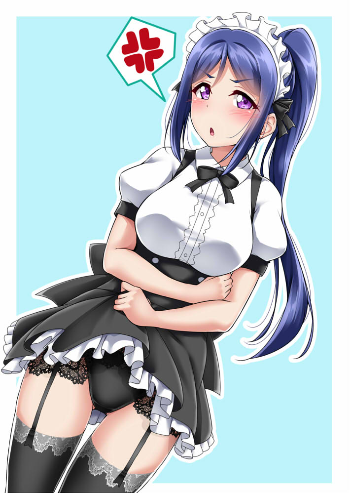 :o anger_vein black_legwear black_neckwear black_panties black_skirt blouse blue_background blue_hair blush border bow bowtie breasts commentary_request dutch_angle embarrassed frills garter_straps high-waist_skirt lace lace-trimmed_garter_belt lace-trimmed_thighhighs lace_trim large_breasts lifted_by_self long_hair long_ponytail looking_at_viewer love_live! love_live!_sunshine!! maid_headdress matsuura_kanan meme_attire outline panties petticoat ponytail purple_eyes short_sleeves simple_background skirt skirt_lift solo spoken_anger_vein suspender_skirt suspenders thighhighs underbust underwear v-shaped_eyebrows virgin_killer_outfit white_blouse white_border white_outline yopparai_oni