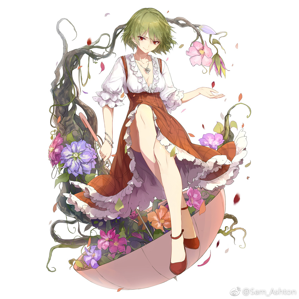 artist_name bare_legs bracelet breasts cleavage closed_mouth flower full_body green_hair high-waist_skirt holding holding_umbrella jewelry kazami_yuuka looking_at_viewer medium_breasts necklace orange_flower petals pink_flower plaid plaid_skirt plant purple_flower red_eyes red_footwear red_skirt sam_ashton shoes short_hair simple_background skirt smile solo touhou umbrella vines watermark weibo_logo weibo_username white_background