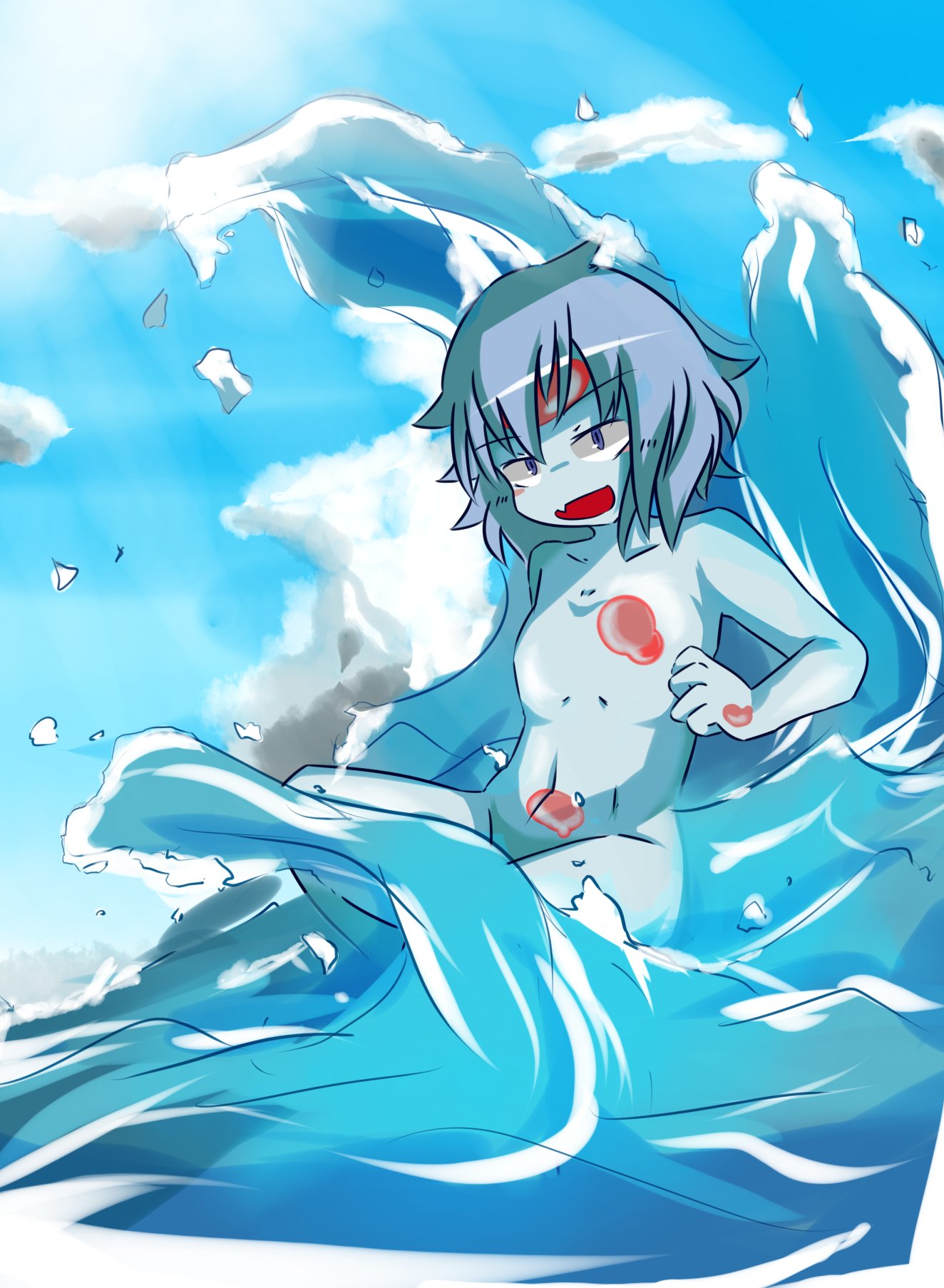 1girl blue_hair day female goo_girl kitsuneko_(koneko) monster_girl nude ocean open_mouth original outdoors short_hair solo water wave