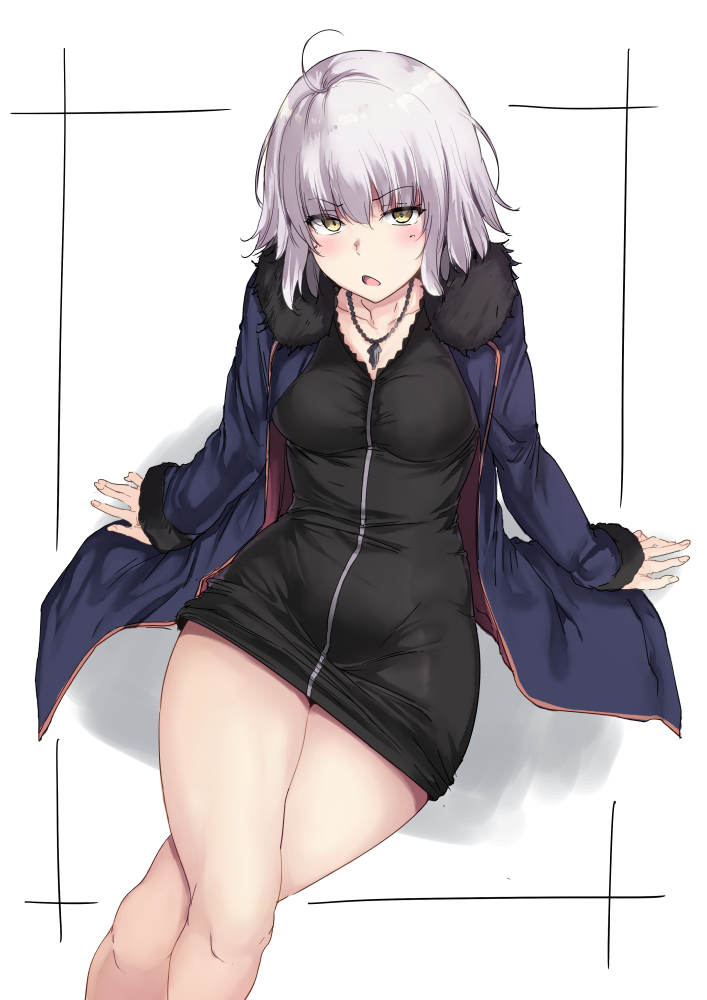 ahoge alp annoyed arm_support bangs black_dress blue_coat blush breasts coat collarbone crossed_legs dress dress_lift eyebrows_visible_through_hair fate/grand_order fate_(series) feet_out_of_frame frame frown fur-trimmed_coat fur-trimmed_sleeves fur_trim groin jeanne_d'arc_(alter)_(fate) jeanne_d'arc_(fate)_(all) jewelry large_breasts leaning_back long_sleeves looking_at_viewer looking_up medium_hair necklace open_clothes open_coat open_mouth sitting solo thighs v-shaped_eyebrows white_background white_hair wicked_dragon_witch_ver._shinjuku_1999 yellow_eyes