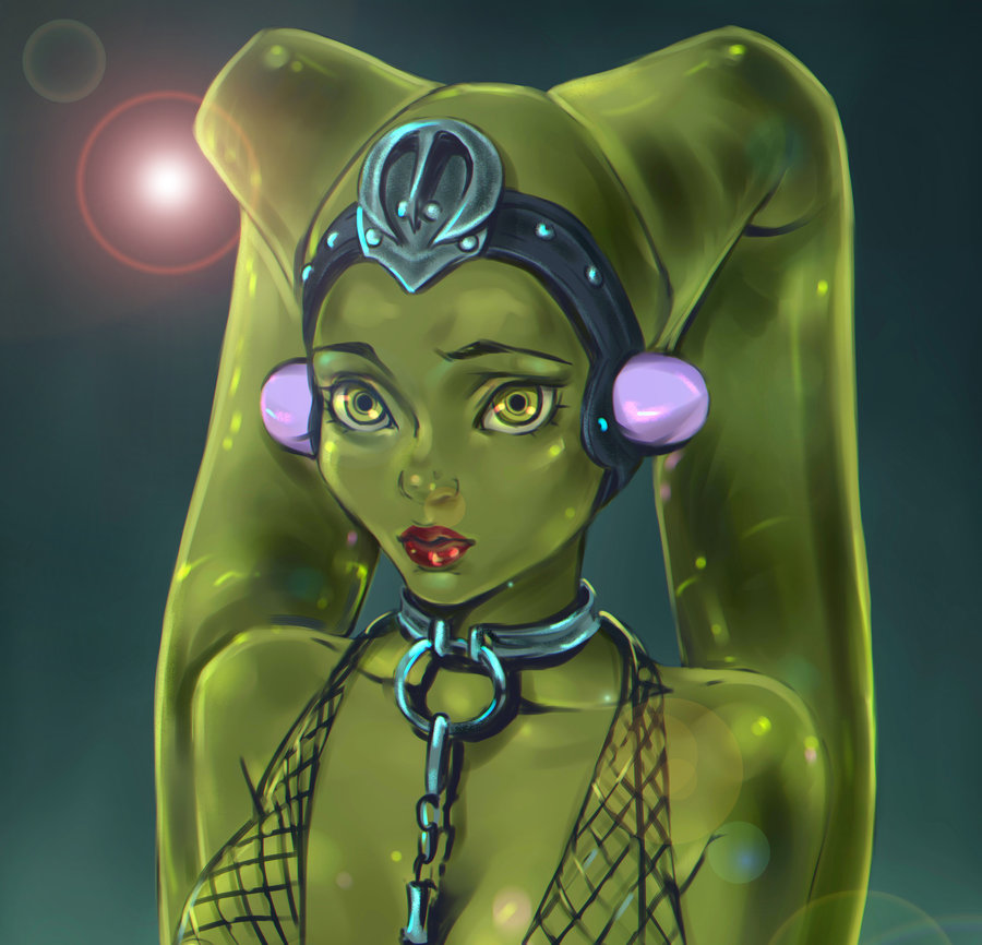 alien bare_shoulders bdsm bondage bound breasts chain cleavage collarbone ear_protection green_eyes green_skin lens_flare lipstick makeup medium_breasts oola solo star_wars taiss14 twi'lek upper_body